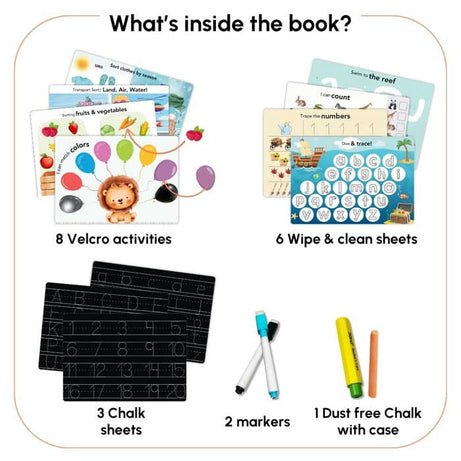Curious Cub First Busy Book for Toddlers 1–3 Years | Montessori-Inspired Reusable Activity Book with 7 Wipe & Clean Sheets, 2 Chalk Pages, 7 Velcro Activities & 2 Markers | Early Learning & Travel-Friendly Toy