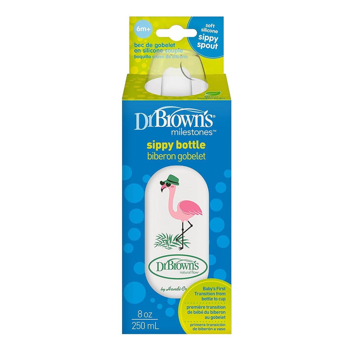 Dr. Brown's Milestones Narrow Sippy Bottle | Soft Silicone Sippy Spout for 6 Months & Above | Flamingo - 250ml