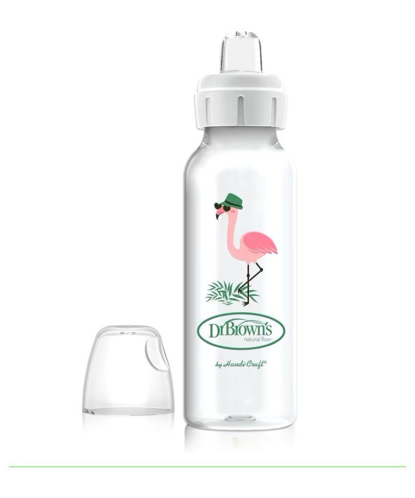 Dr. Brown's Milestones Narrow Sippy Bottle | Soft Silicone Sippy Spout for 6 Months & Above | Flamingo - 250ml - MINIMEE KIDS