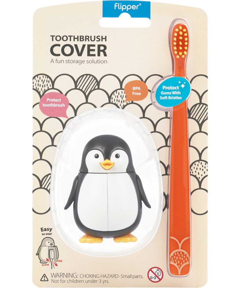 Flipper Fun Animal ToothBrush & Toothbrush Cover Set - Penguin (Toothbrush color May vary)