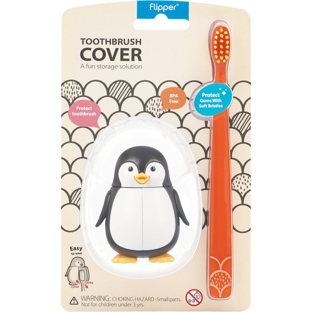 Flipper Fun Animal ToothBrush & Toothbrush Cover Set - Penguin (Toothbrush color May vary)