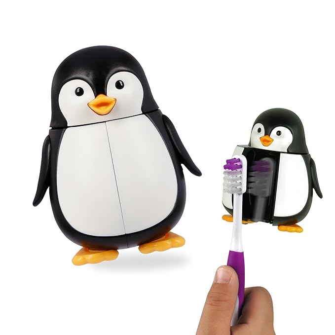 Flipper Fun Animal ToothBrush & Toothbrush Cover Set - Penguin (Toothbrush color May vary)