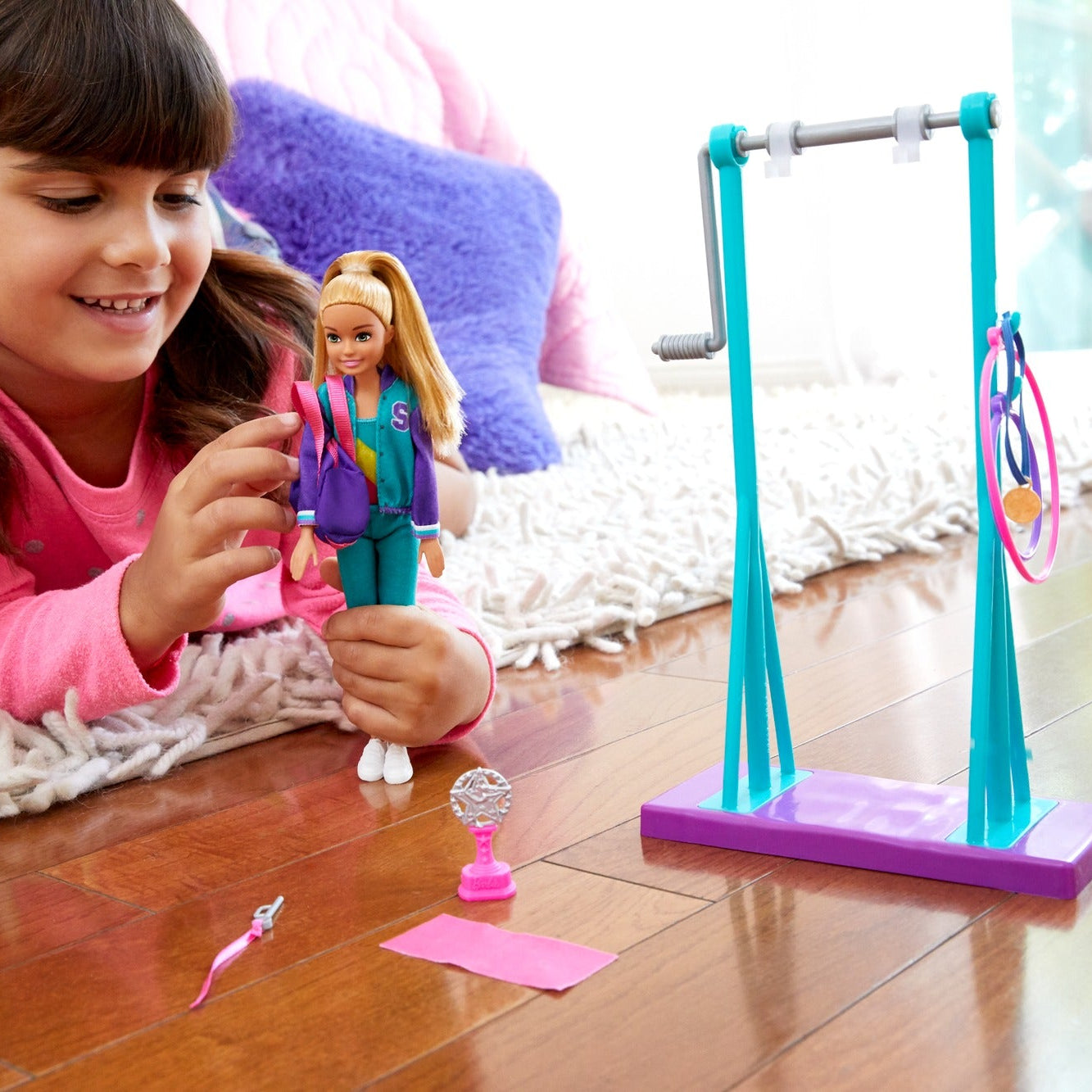 Barbie Team Stacie Gymnastics Doll & Playset – Spinning Bar, Gymnast Accessories, Medal, Trophy & Gym Bag – Perfect Sports-Themed Toy for Kids Ages 3+ | GBK59