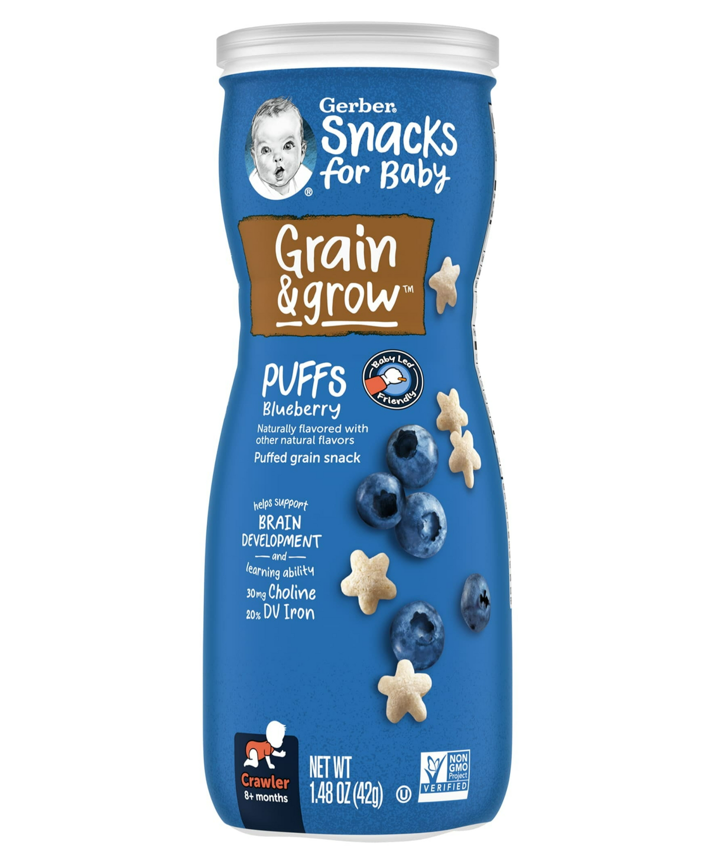 Gerber Grain & Grow Blueberry Puffs – Whole Grain Baby Snack with Iron, Vitamin E & Zinc – No Artificial Flavors – 8+ Months – 42g (1.48 oz) - MINIMEE KIDS