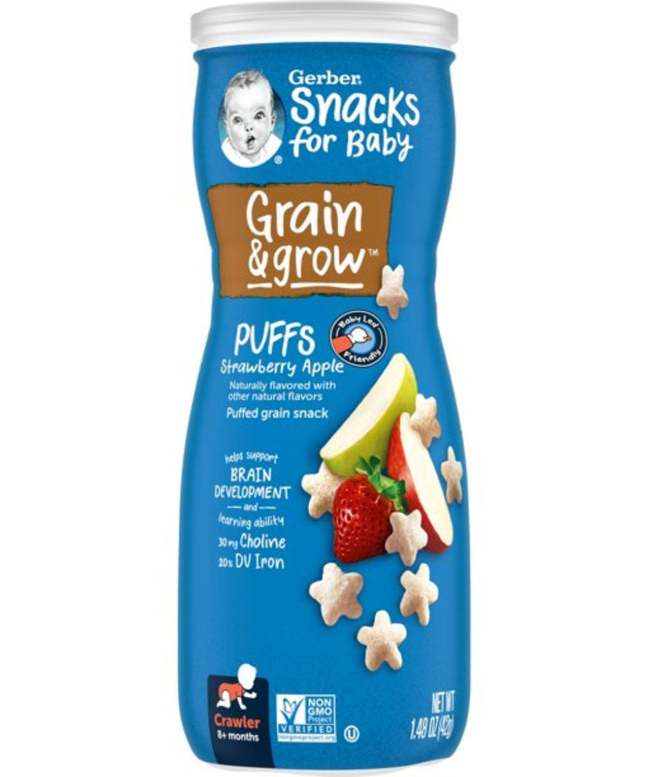 Gerber Grain & Grow Strawberry Apple Puffs Baby Cereal Snack for Crawlers 8+ Months – Whole Grains, Iron, Vitamin E – Non-GMO Baby Snack – 42g - MINIMEE KIDS