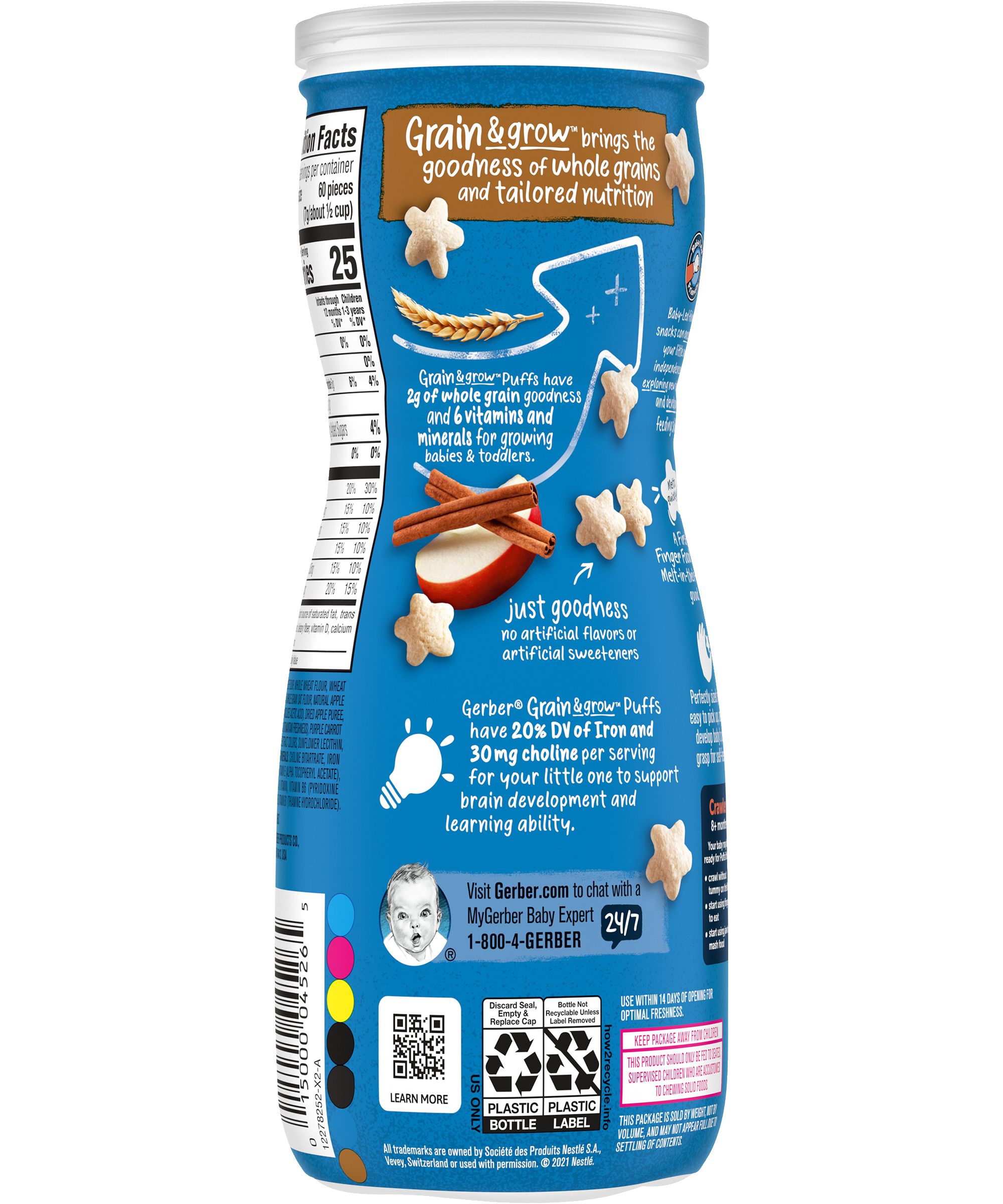Gerber Grain & Grow Apple Cinnamon Puffs Baby Cereal Snack for Crawlers 8+ Months – Whole Grains, Iron, Vitamin E – Non-GMO Baby Snack – 42g - MINIMEE KIDS