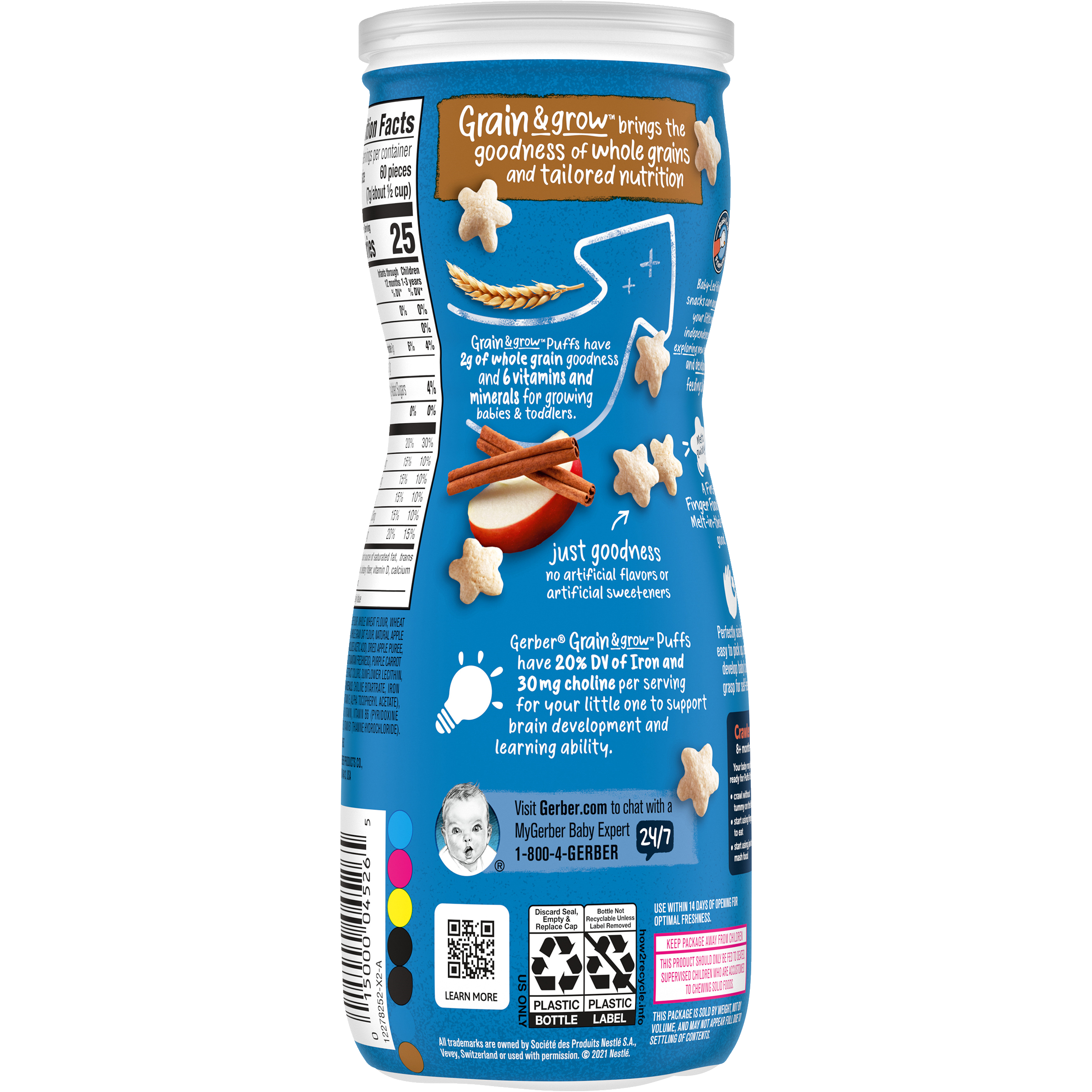 Gerber Grain & Grow Apple Cinnamon Puffs Baby Cereal Snack for Crawlers 8+ Months – Whole Grains, Iron, Vitamin E – Non-GMO Baby Snack – 42g