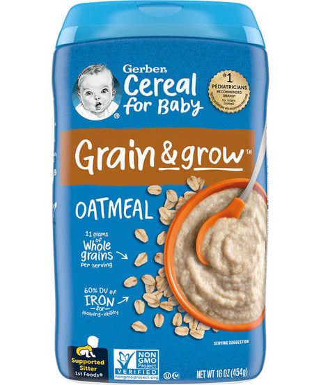 Gerber Cereal for Baby Grain & Grow Oatmeal | 1st Foods for Supported Sitters | Non-GMO Infant Cereal with Essential Nutrients for Brain & Learning Development | 454g - MINIMEE KIDS
