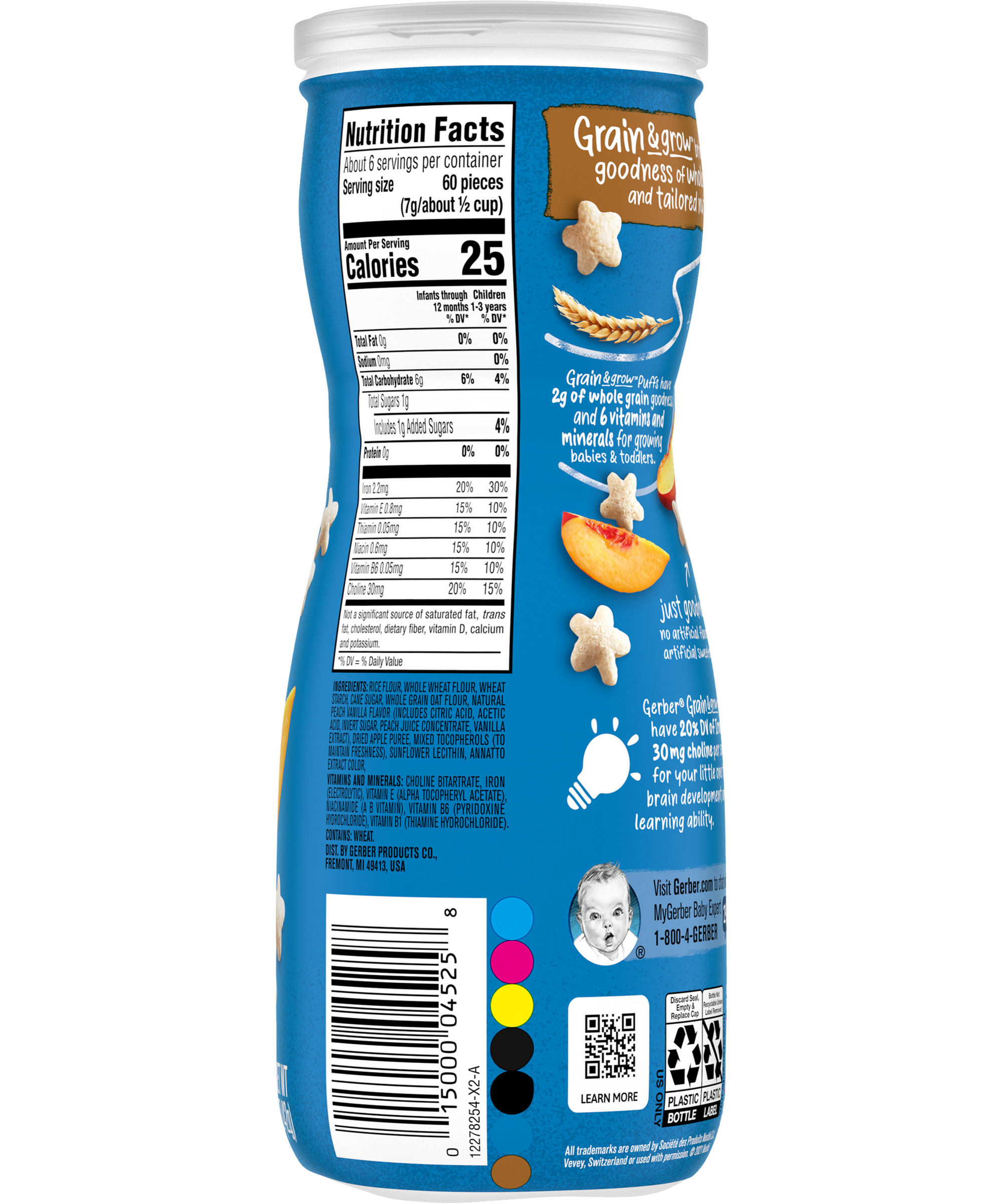 Gerber Grain & Grow Peach Puffs – Whole Grain Baby Snack with Iron, Vitamin E & Essential Nutrients – No Artificial Flavors – 8+ Months – 42g (1.48 oz) - MINIMEE KIDS