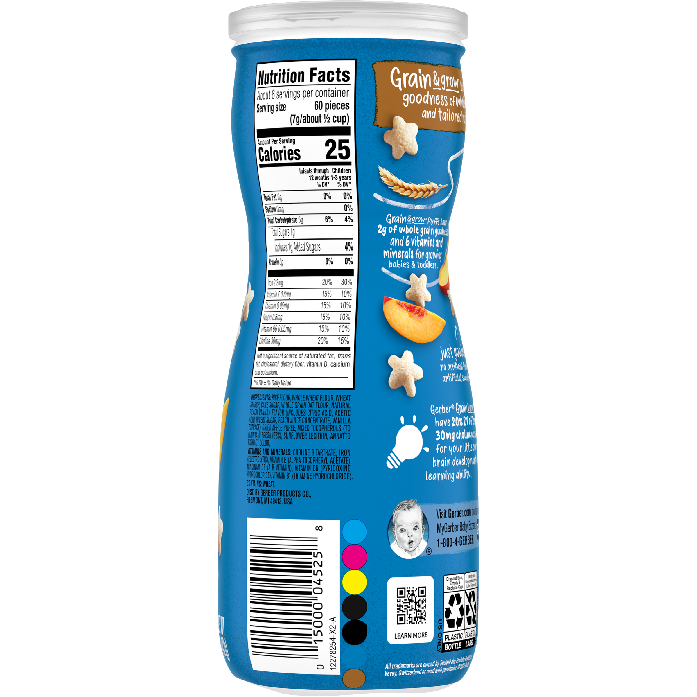 Gerber Grain & Grow Peach Puffs – Whole Grain Baby Snack with Iron, Vitamin E & Essential Nutrients – No Artificial Flavors – 8+ Months – 42g (1.48 oz)