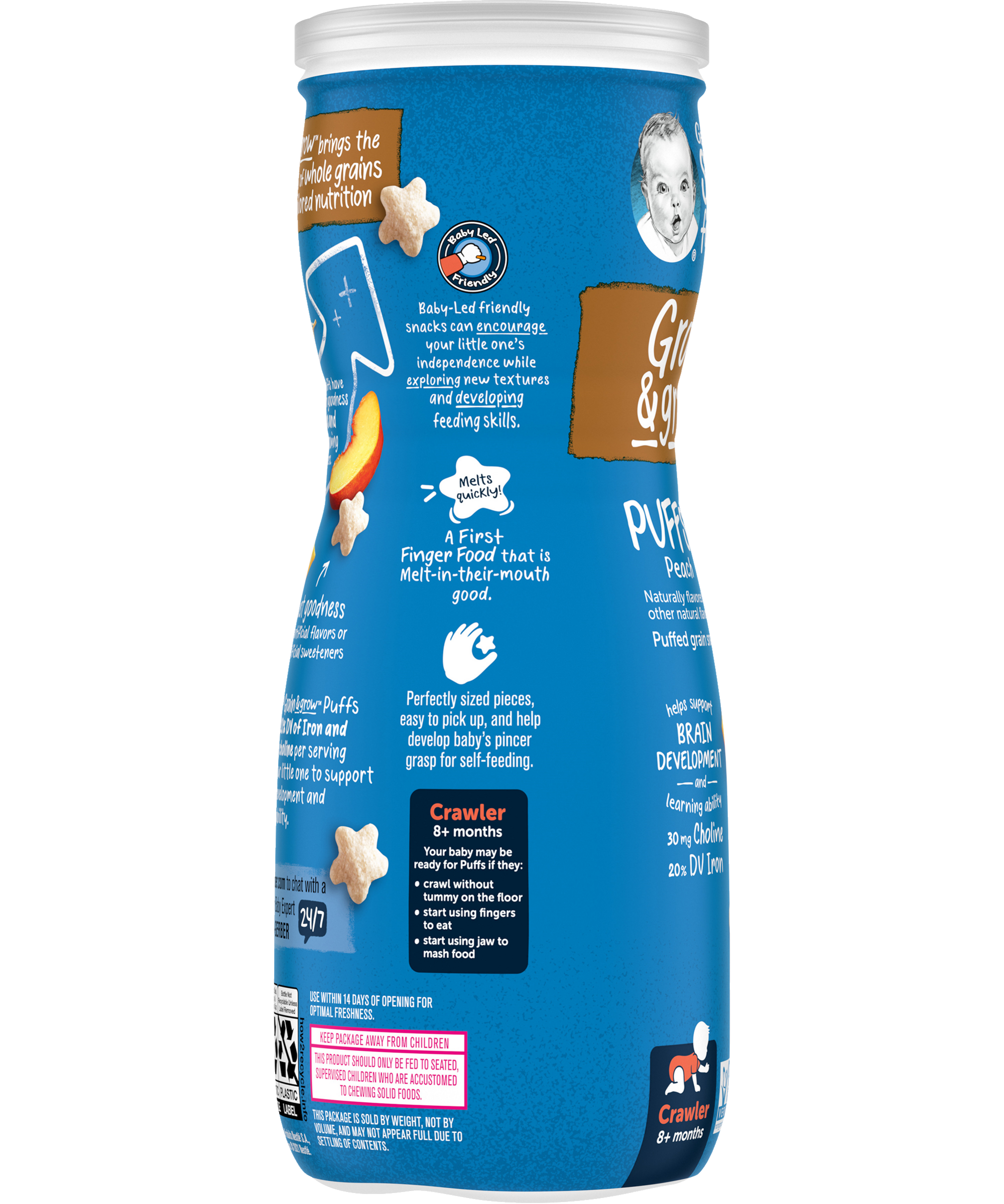 Gerber Grain & Grow Peach Puffs – Whole Grain Baby Snack with Iron, Vitamin E & Essential Nutrients – No Artificial Flavors – 8+ Months – 42g (1.48 oz) - MINIMEE KIDS