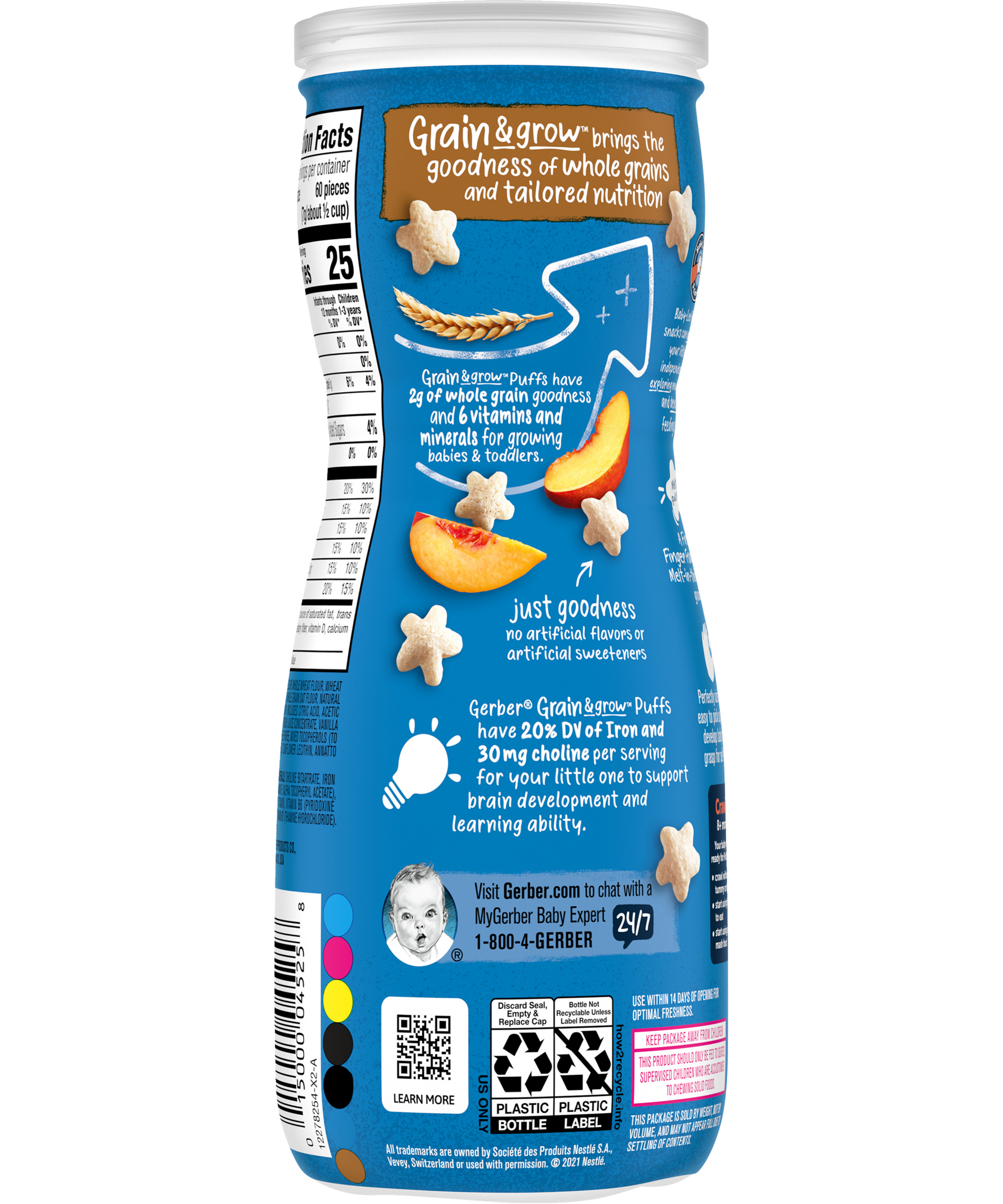 Gerber Grain & Grow Peach Puffs – Whole Grain Baby Snack with Iron, Vitamin E & Essential Nutrients – No Artificial Flavors – 8+ Months – 42g (1.48 oz) - MINIMEE KIDS