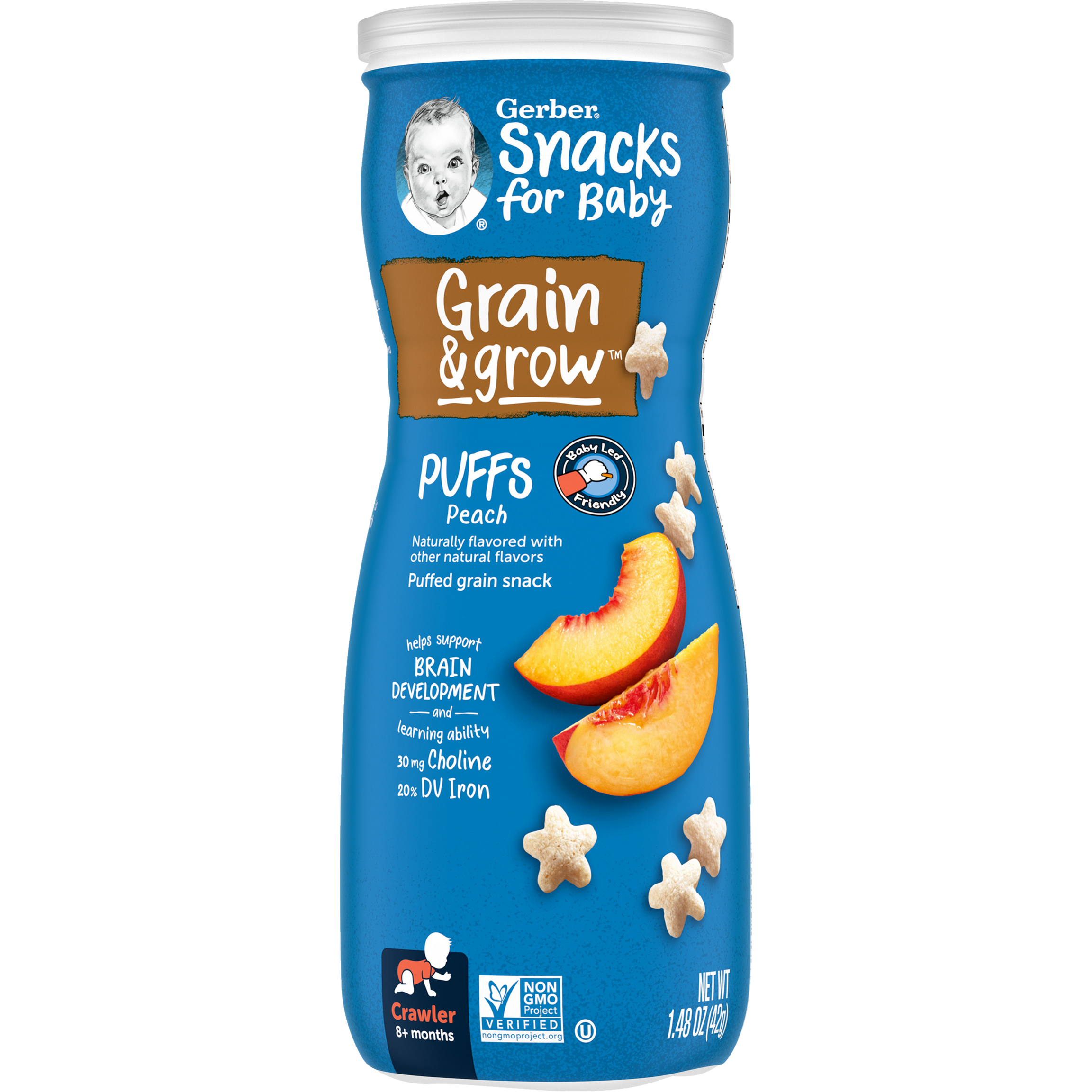 Gerber Grain & Grow Peach Puffs – Whole Grain Baby Snack with Iron, Vitamin E & Essential Nutrients – No Artificial Flavors – 8+ Months – 42g (1.48 oz)