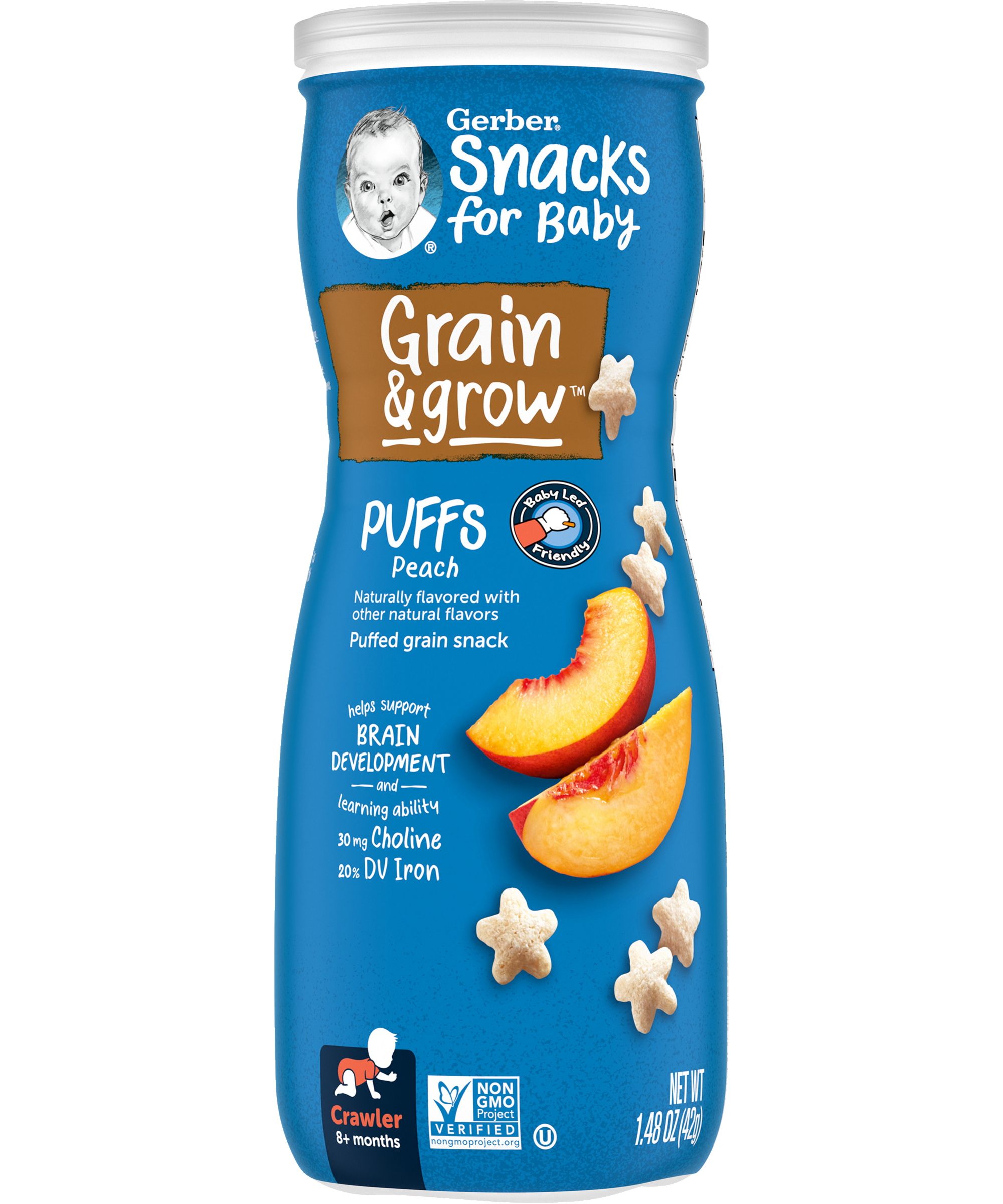 Gerber Grain & Grow Peach Puffs – Whole Grain Baby Snack with Iron, Vitamin E & Essential Nutrients – No Artificial Flavors – 8+ Months – 42g (1.48 oz) - MINIMEE KIDS