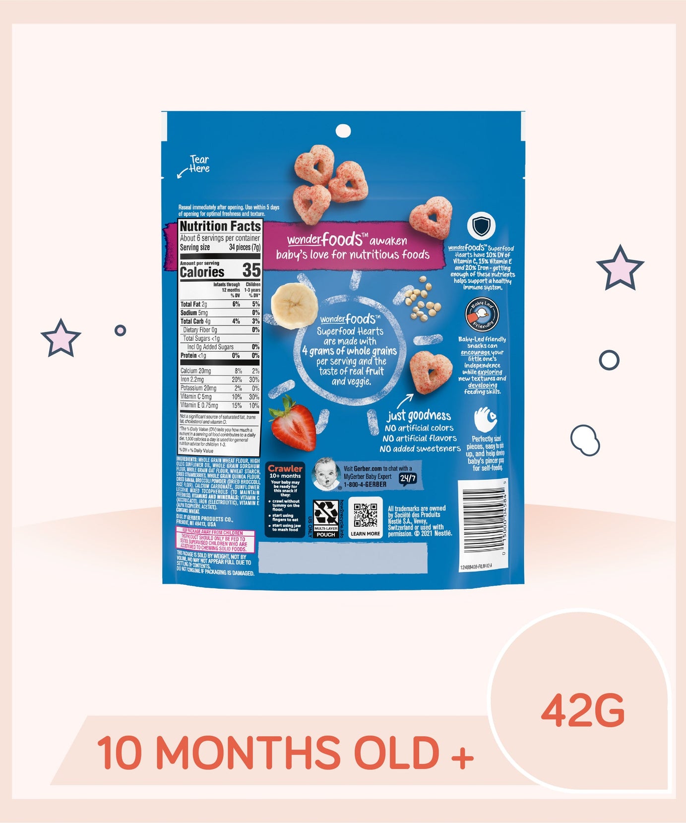 Gerber Superfood Hearts with Quinoa Strawberry Banana & Broccoli Snacks for Crawler 10 Months & Above - 42g