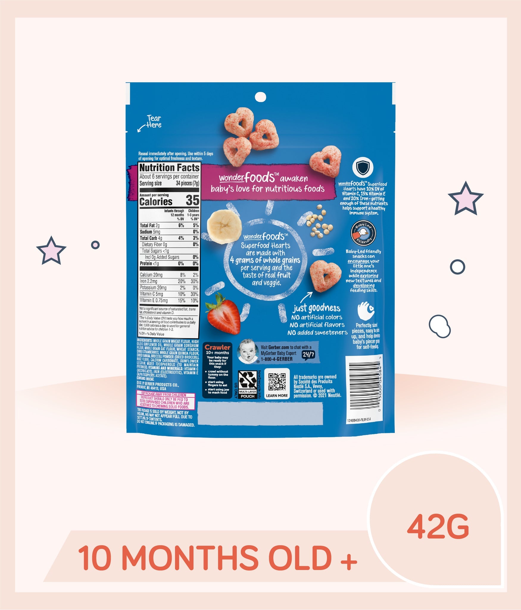 Gerber Superfood Hearts with Quinoa Strawberry Banana & Broccoli Snacks for Crawler 10 Months & Above - 42g