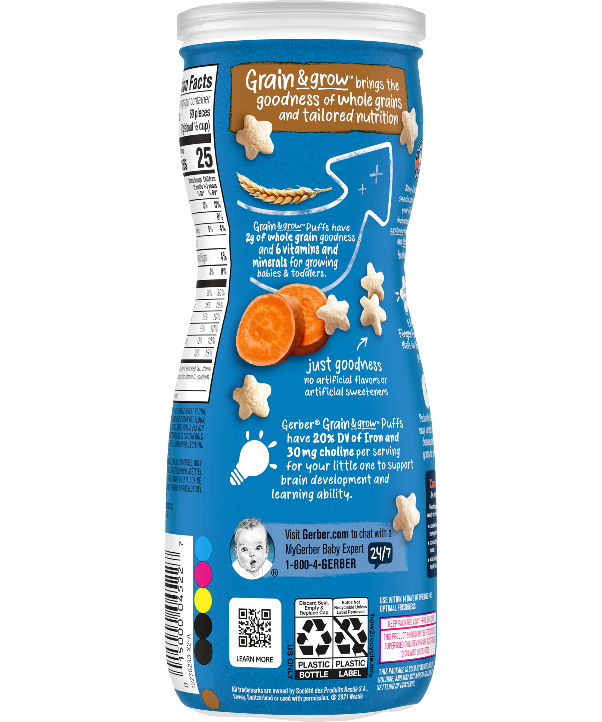 Gerber Grain & Grow Sweet Potato Puffs Baby Cereal Snack for Crawlers 8+ Months – Whole Grains, Iron, Vitamin E – Non-GMO Baby Snack – 42g - MINIMEE KIDS