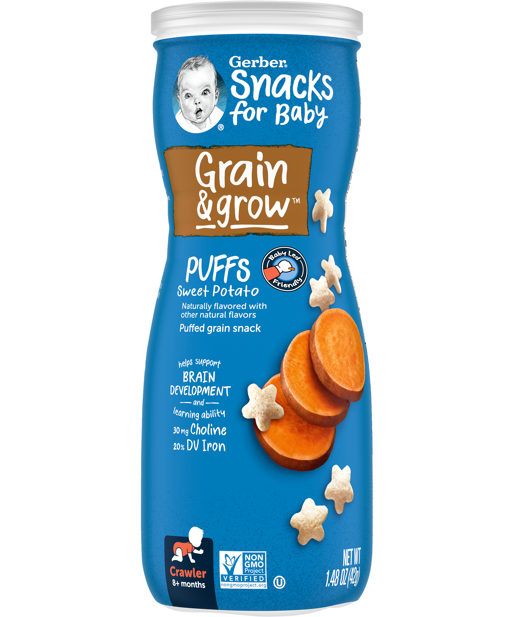 Gerber Grain & Grow Sweet Potato Puffs Baby Cereal Snack for Crawlers 8+ Months – Whole Grains, Iron, Vitamin E – Non-GMO Baby Snack – 42g - MINIMEE KIDS