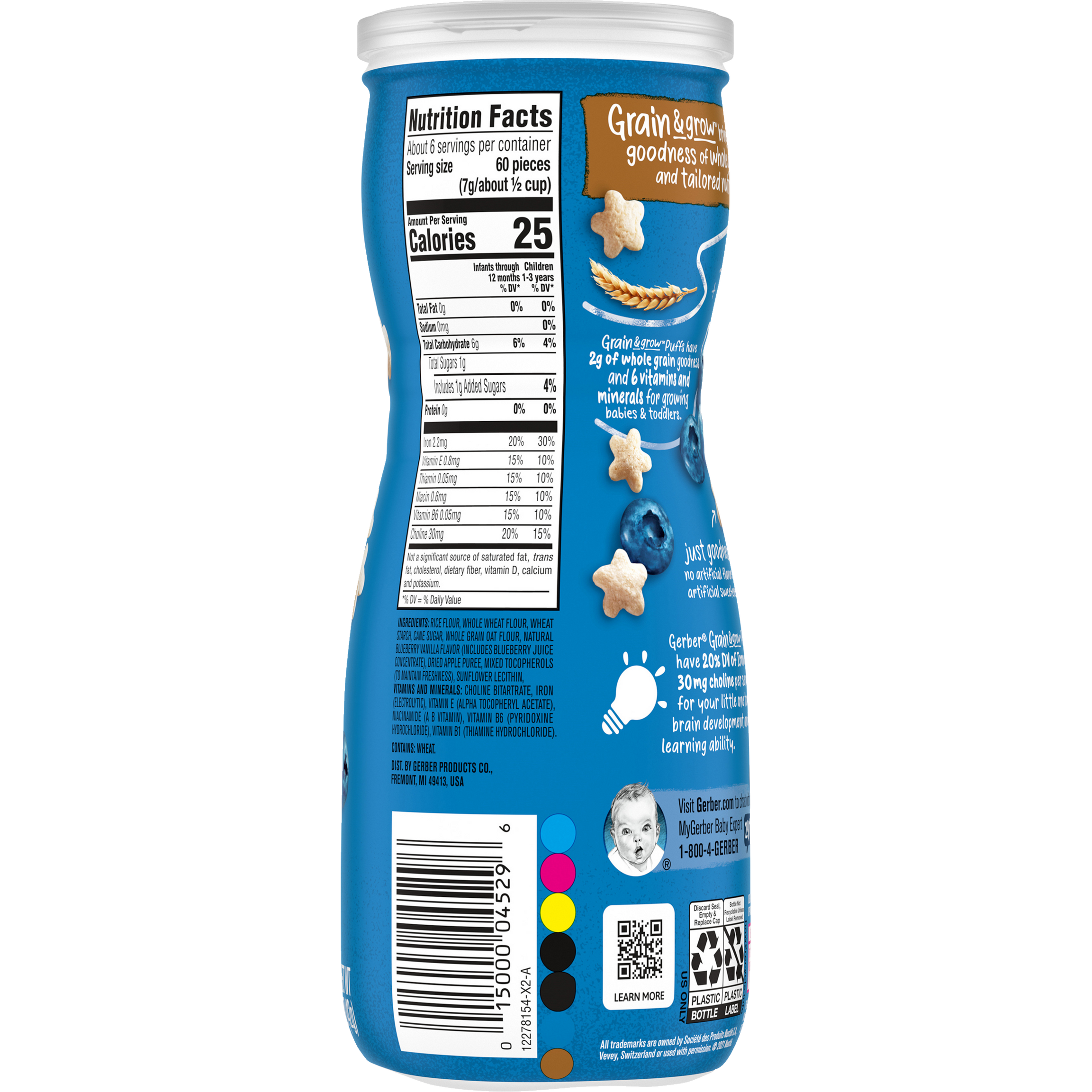 Gerber Grain & Grow Blueberry Puffs – Whole Grain Baby Snack with Iron, Vitamin E & Zinc – No Artificial Flavors – 8+ Months – 42g (1.48 oz)