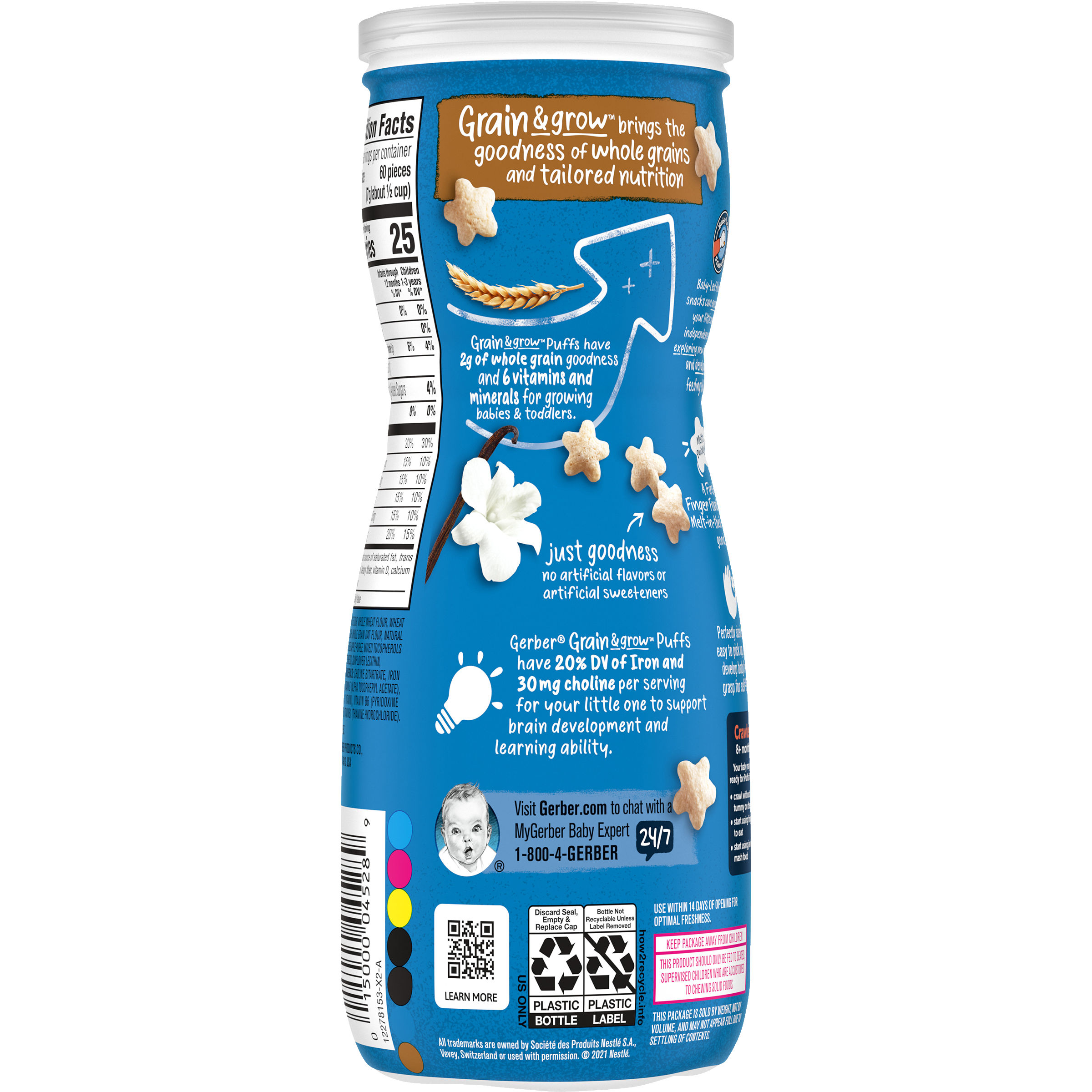 Gerber Grain & Grow Vanilla Puffs Baby Cereal Snack for Crawlers 8+ Months – Whole Grains, Iron, Vitamin E – Non-GMO Baby Snack – 42g