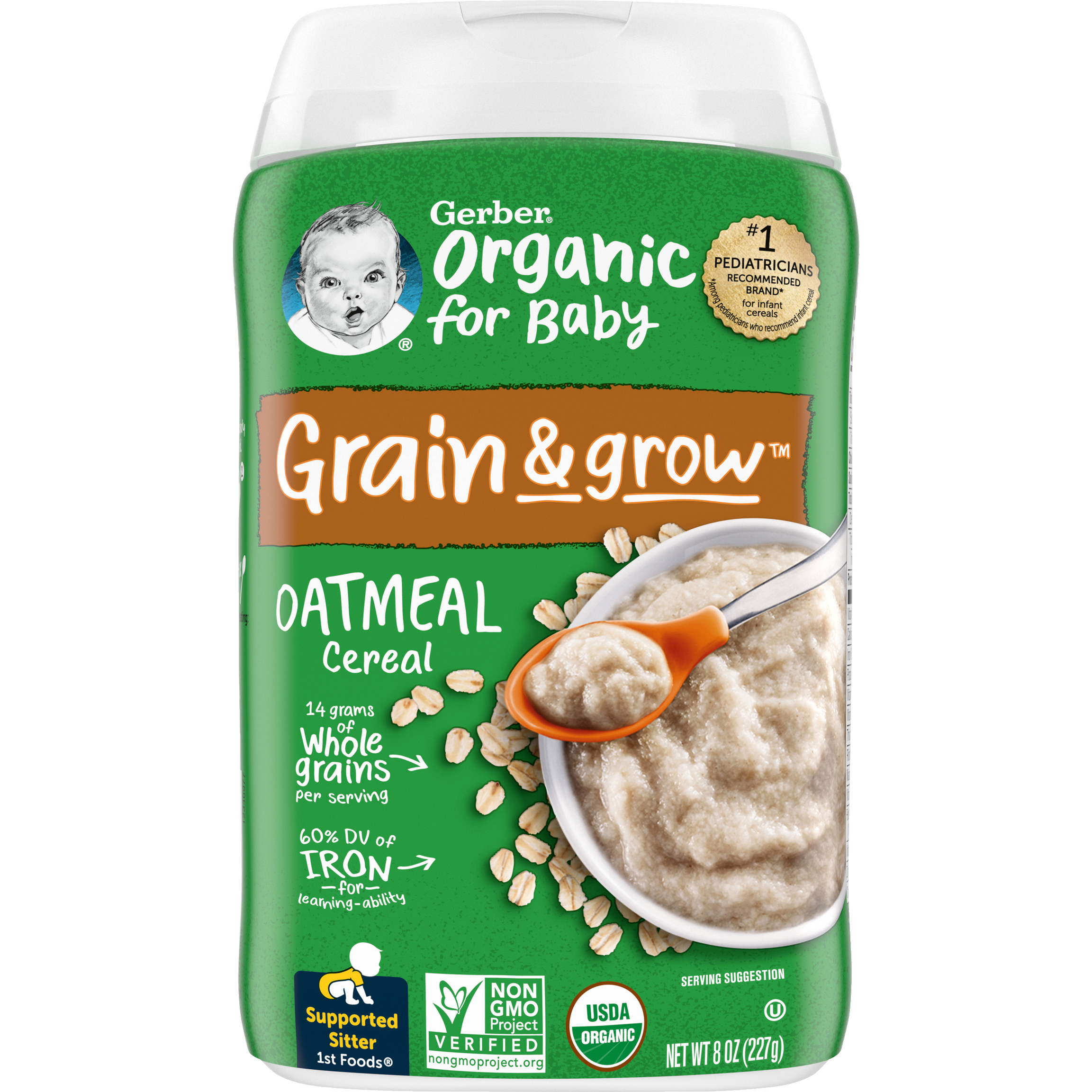 Gerber Organic Grain & Grow Oatmeal Cereal – USDA Certified Organic, Non-GMO, Single Grain Infant Cereal with 60% Daily Iron – 227g (8oz) – First Foods for Supported Sitters (4+ Months)