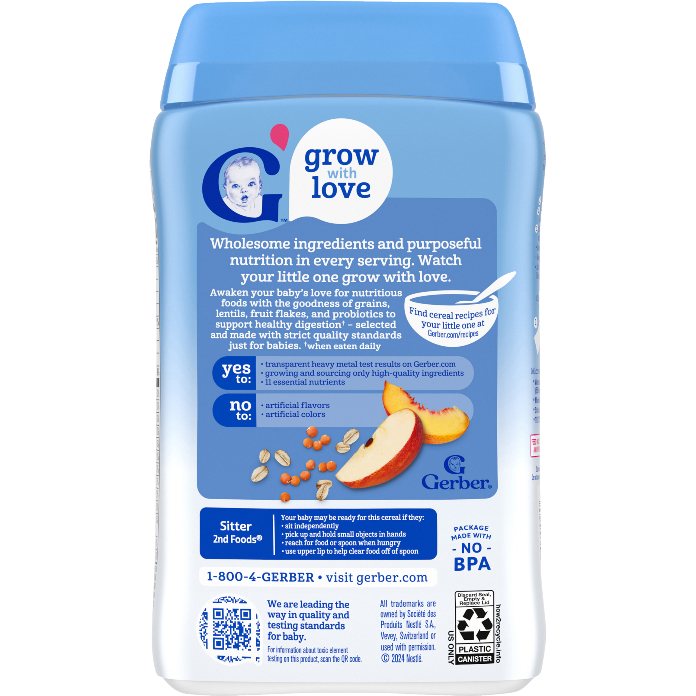 Gerber Oatmeal Lentil Peach & Apple Cereal - 227g | Supports Healthy Digestion with Probiotic B. lactis, 60% DV Iron for Learning-Ability, Non-GMO for Sitter Babies 2nd Foods (6+ Months)