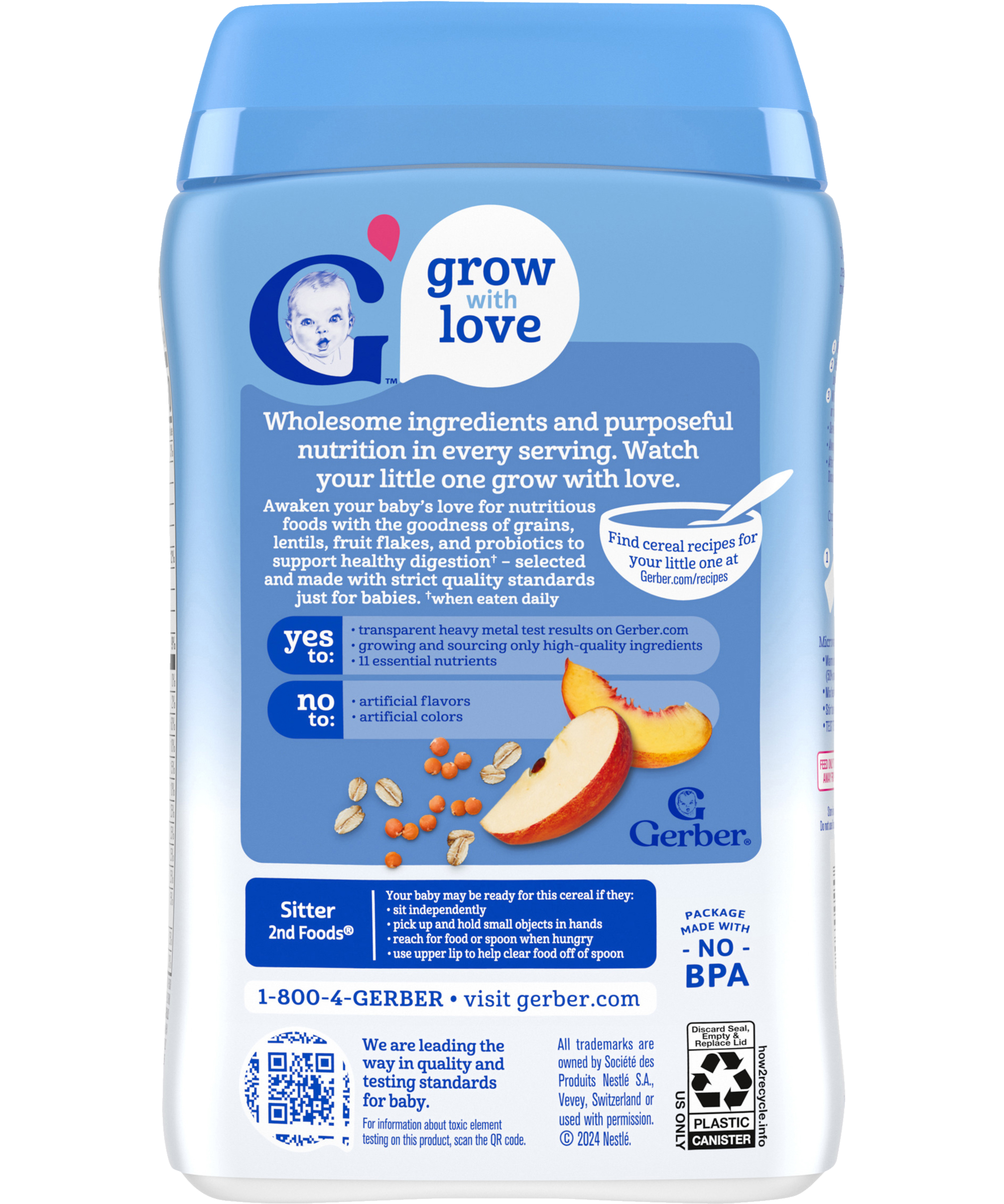 Gerber Oatmeal Lentil Peach & Apple Cereal - 227g | Supports Healthy Digestion with Probiotic B. lactis, 60% DV Iron for Learning-Ability, Non-GMO for Sitter Babies 2nd Foods (6+ Months) - MINIMEE KIDS