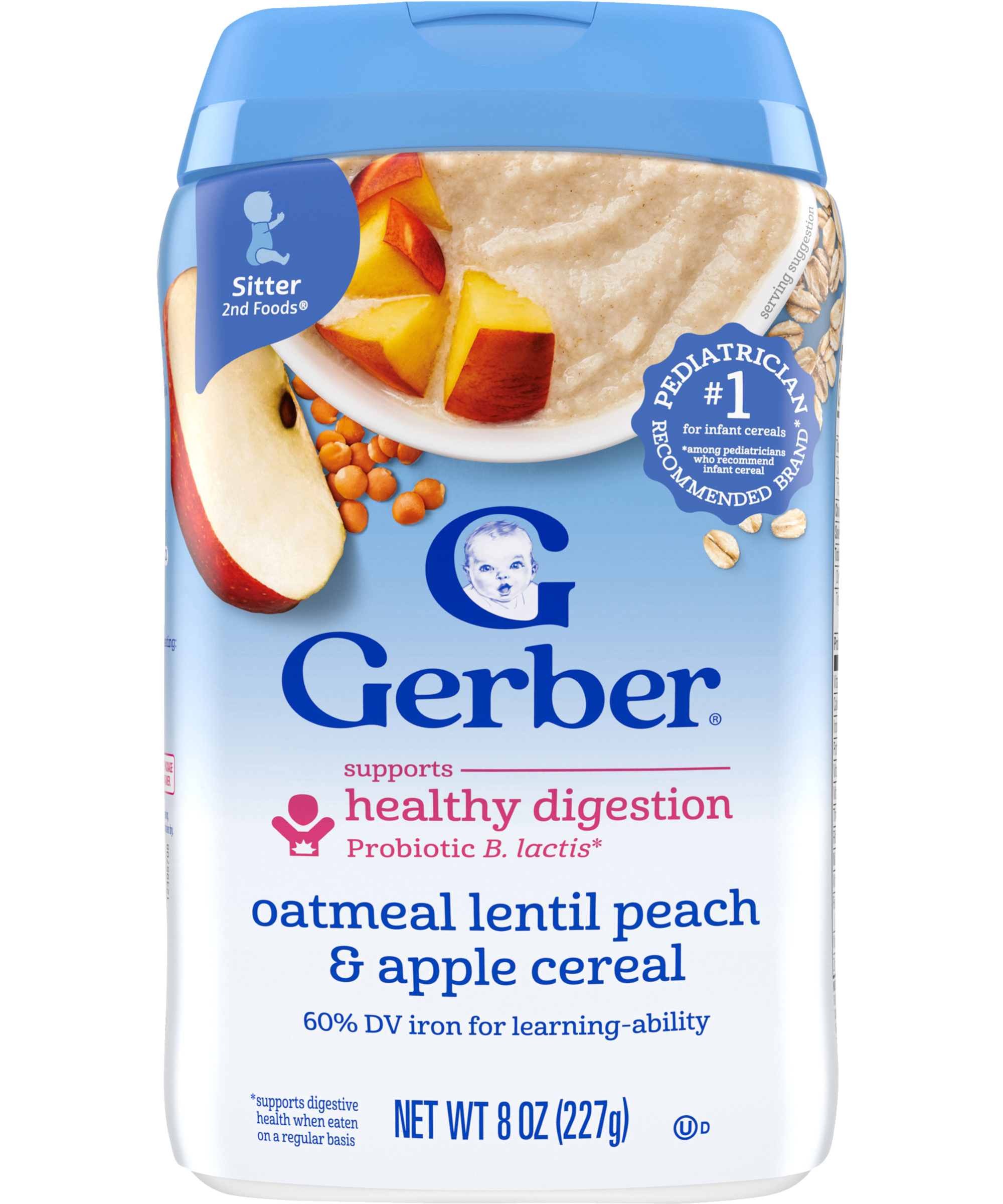 Gerber Oatmeal Lentil Peach & Apple Cereal - 227g | Supports Healthy Digestion with Probiotic B. lactis, 60% DV Iron for Learning-Ability, Non-GMO for Sitter Babies 2nd Foods (6+ Months) - MINIMEE KIDS