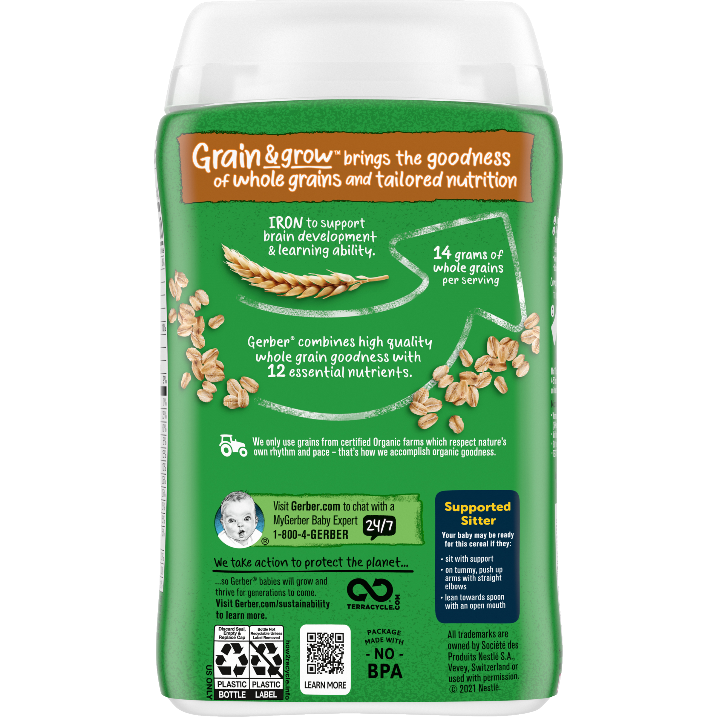 Gerber Organic Grain & Grow Oatmeal Cereal – USDA Certified Organic, Non-GMO, Single Grain Infant Cereal with 60% Daily Iron – 227g (8oz) – First Foods for Supported Sitters (4+ Months)