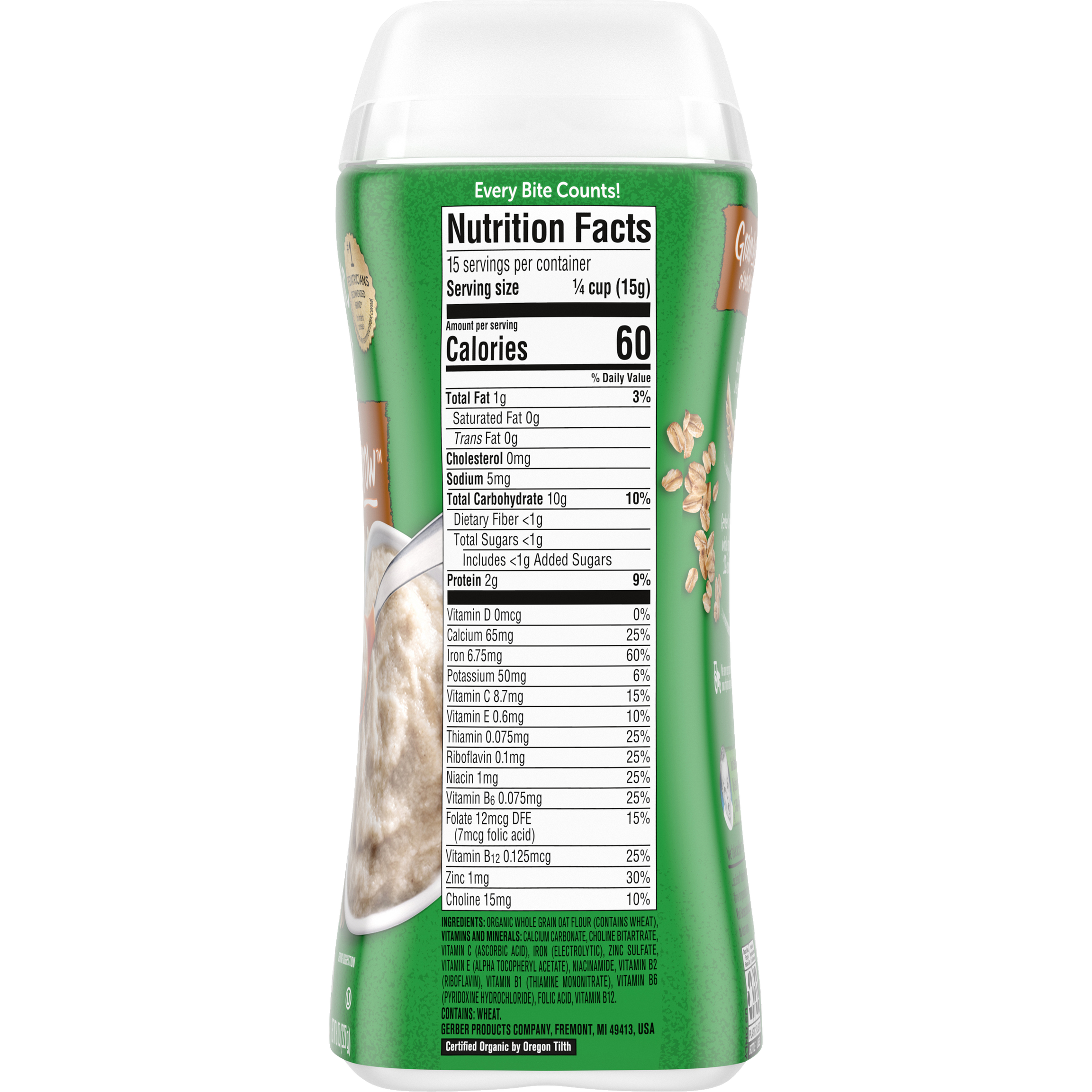 Gerber Organic Grain & Grow Oatmeal Cereal – USDA Certified Organic, Non-GMO, Single Grain Infant Cereal with 60% Daily Iron – 227g (8oz) – First Foods for Supported Sitters (4+ Months)