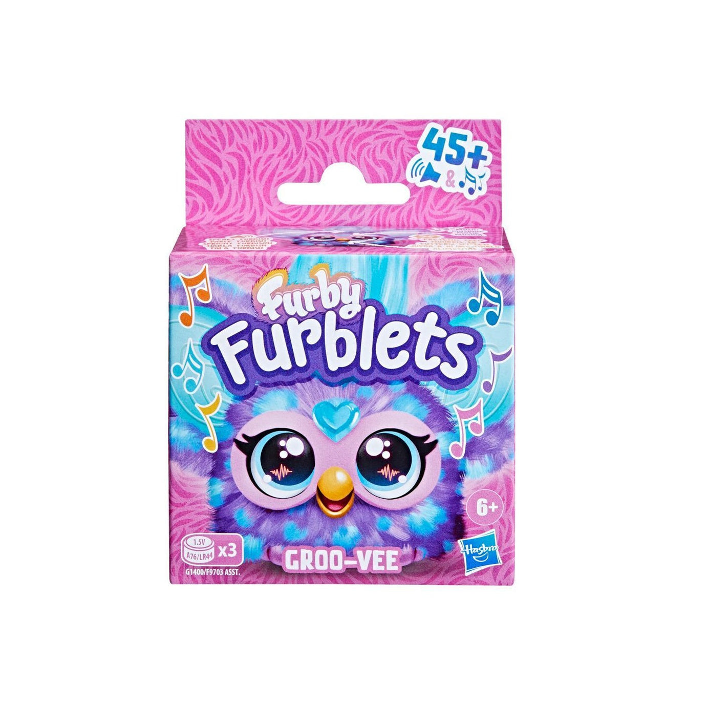 Furby Furblets toy packaging with pink and purple design on a white background