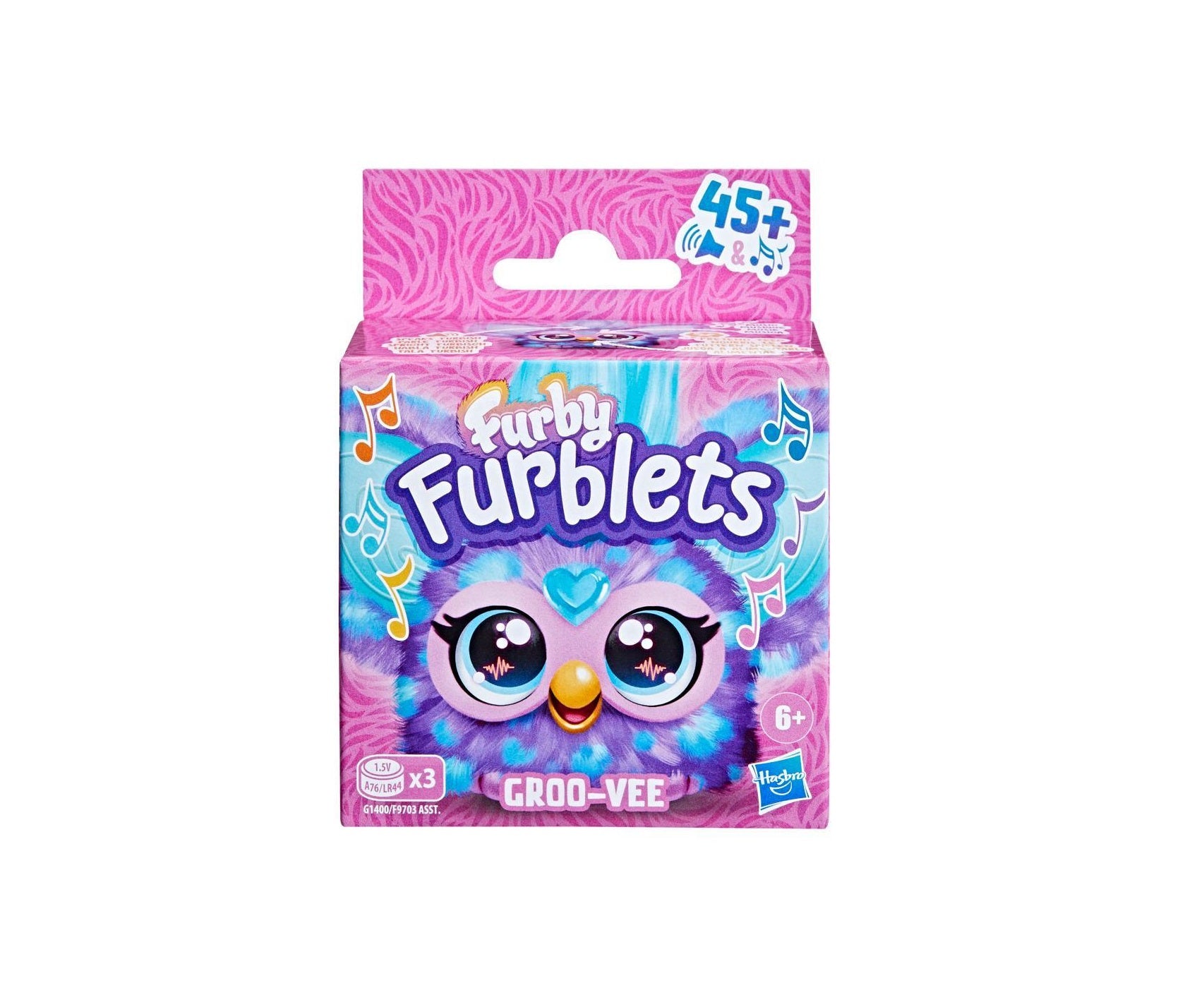 Furby Furblets toy packaging with pink and purple design on a white background