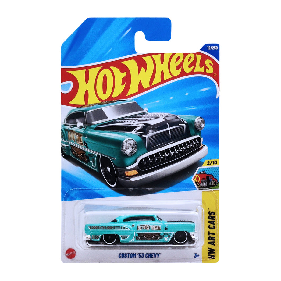 Hot Wheels Custom '53 Chevy Die-Cast Car - HW Art Cars 1:64 Scale | Limited Edition 12/250 | "HW Tiki Time" Turquoise Lowrider with Tribal & Tiki Graphics | 2/10 in HW Art Cars Series | Ages 3+