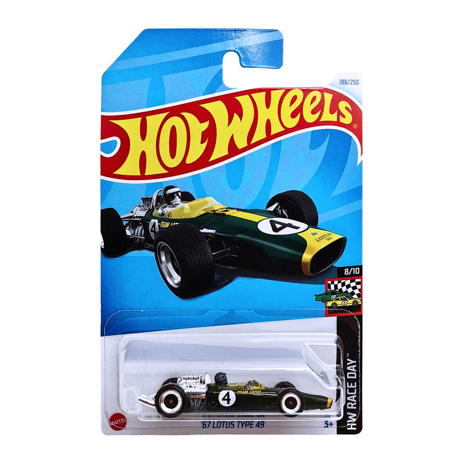 Hot Wheels '67 Lotus Type 49 Die-Cast Car - HW Race Day 1:64 Scale | Limited Edition 188/250 | Classic Green & Yellow F1 Race Car | 8/10 in HW Race Day Series | Ages 3+