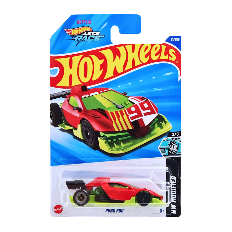 Hot Wheels Punk Rod – HW Modified 2025 | Netflix Let’s Race Series | Red & Lime Green Custom Racer #71/250 (3/5) | Authentic Malaysia Import for Collectors & Kids