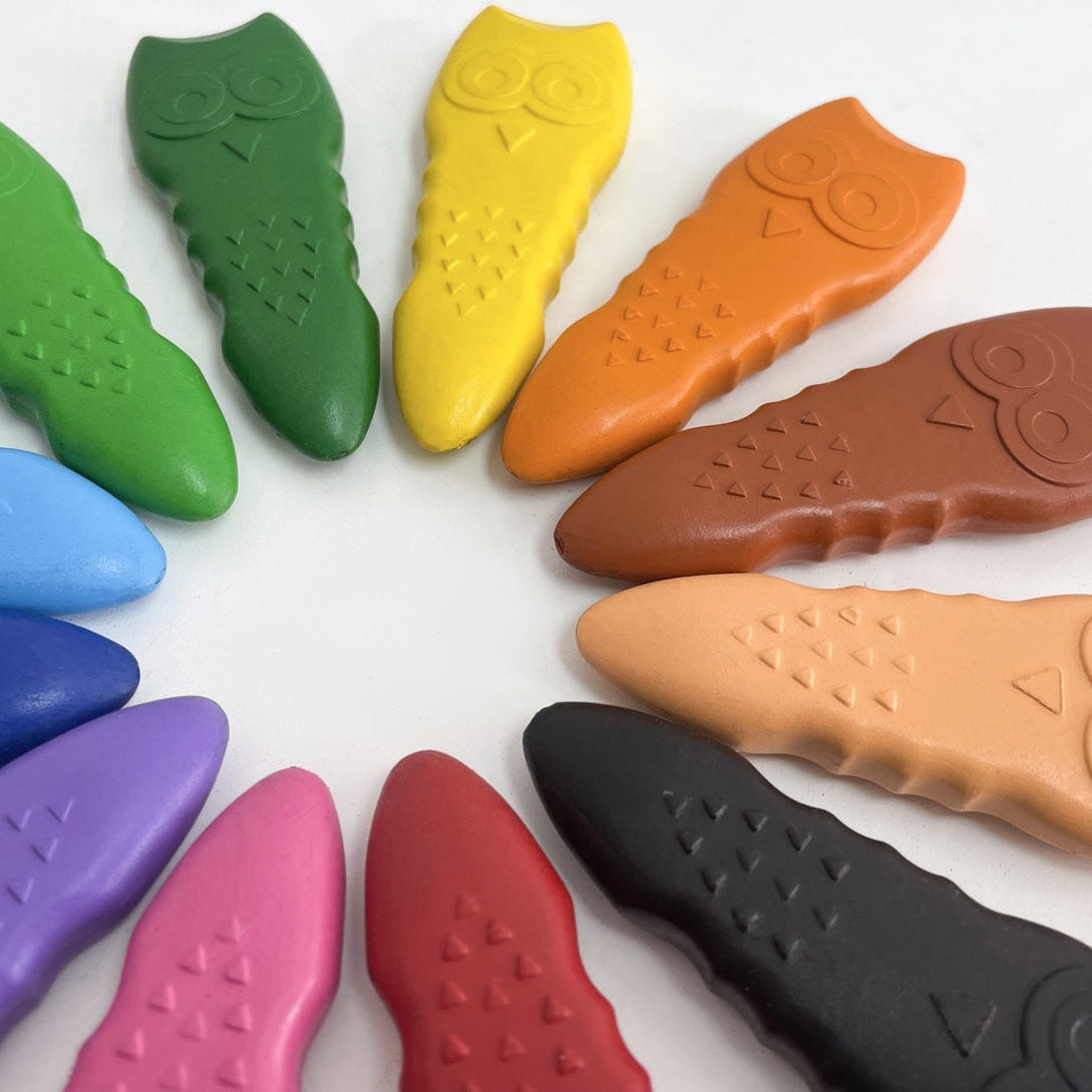 Avenir Haku Yoka 12 Mess-Free Durable Crayons for Toddlers | Easy-Grip Eco-Friendly Crayons with Smile & Owl Designs | Ages 2+