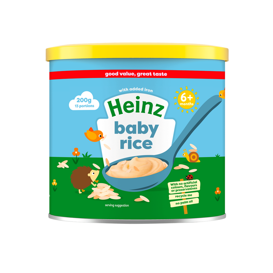 Heinz Baby Rice 200g Cereal – Smooth & Gentle First Food for 6+ Months | 13 Portions with Added Iron, Calcium & Vitamins | Easy Prep Rice Cereal