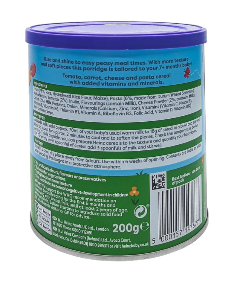 Heinz Veggie Pasta with Cheese Porridge for 7+ Months – Iron-Fortified Cereal with Tomato, Carrot & Cheese – 200g Tin | No Palm Oil, No Artificial Preservatives | Easy-to-Prepare Baby Meal - MINIMEE KIDS