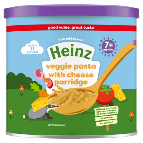 Heinz Veggie Pasta with Cheese Porridge for 7+ Months – Iron-Fortified Cereal with Tomato, Carrot & Cheese – 200g Tin | No Palm Oil, No Artificial Preservatives | Easy-to-Prepare Baby Meal