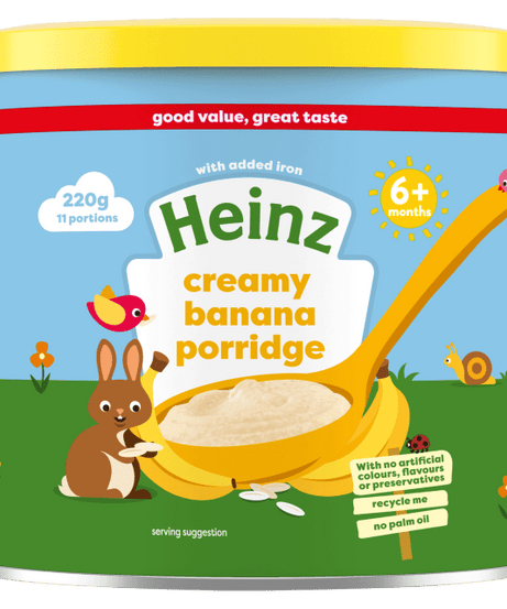 Heinz Creamy Banana Porridge | Good Value, Good Taste with Added Iron | 6+ Months - 11 Portions | 220g - MINIMEE KIDS