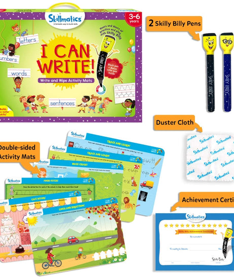 Skillmatics I Can Write: Write & Wipe Reusable Activity Mats for Kids Ages 3-6 | Fun Learning with 12 Engaging Activities to Enhance Writing Skills, Creativity, and Confidence - MINIMEE KIDS