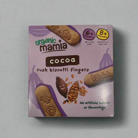Organic Mamia Cocoa Rusk Biscotti Fingers for Babies 6+ Months & 8+ Months - 100g | Organic Teething Snack | No Artificial Colours or Flavourings | Perfect First Finger Food