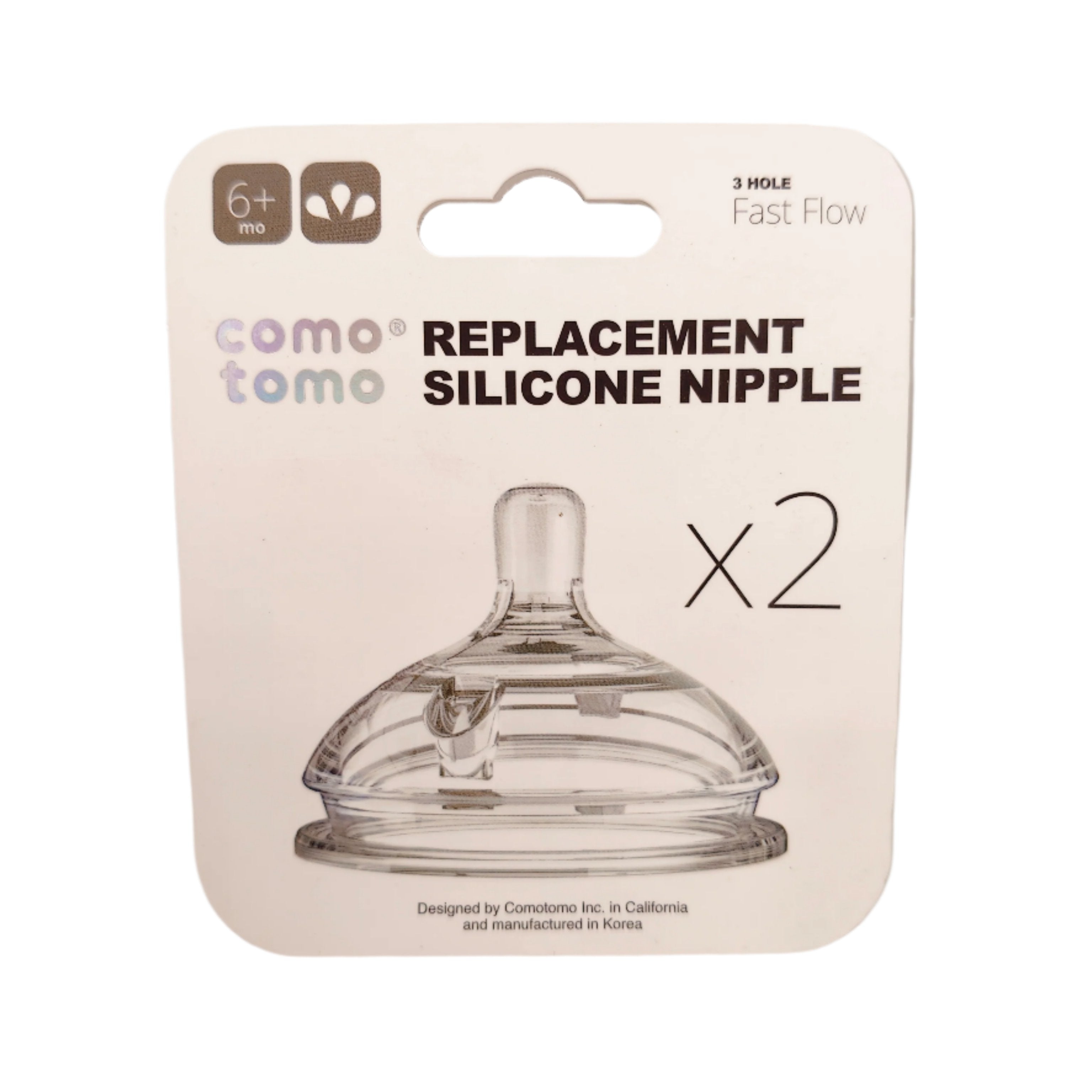 Comotomo Replacement Silicone Nipple with 3 Holes Fast Flow for 6-9 Months - Pack of 2 Teats