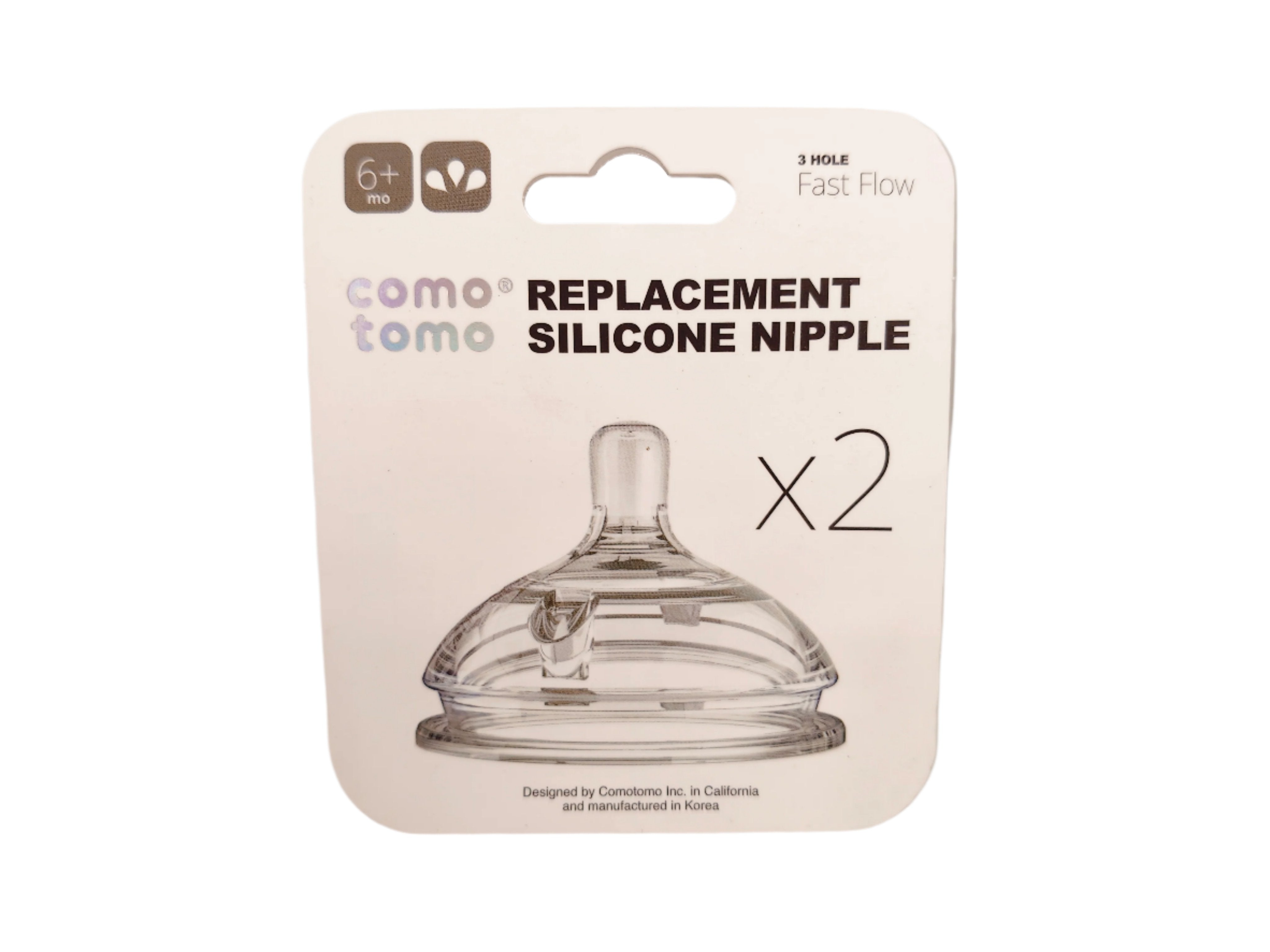 Comotomo Replacement Silicone Nipple with 3 Holes Fast Flow for 6-9 Months - Pack of 2 Teats