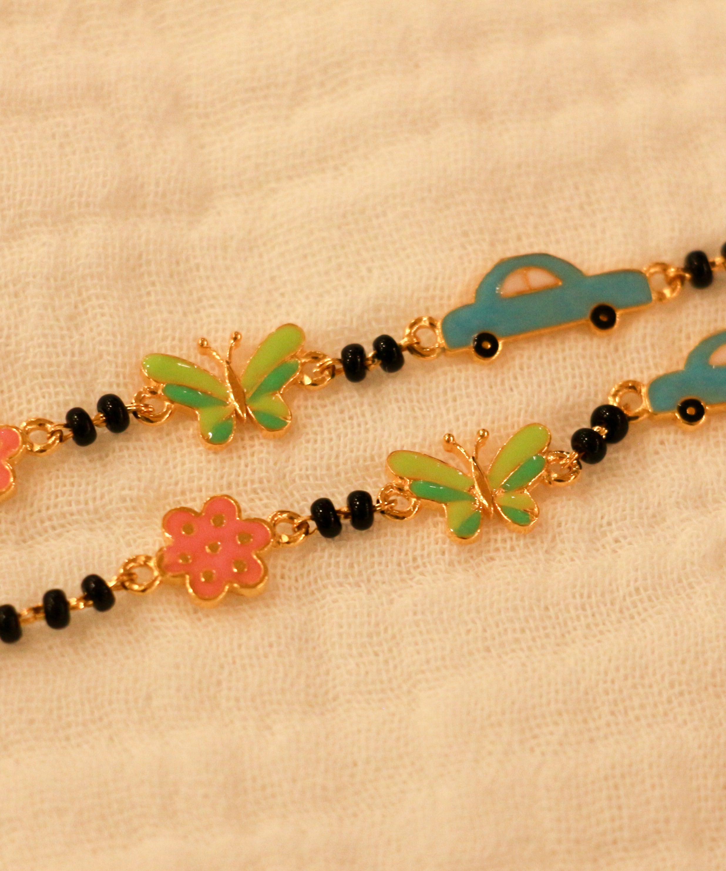 Playful Enamel Nazariya Bracelet for Kids - Gold Plated 925 Sterling Silver with Butterfly, Car & Flower Charms