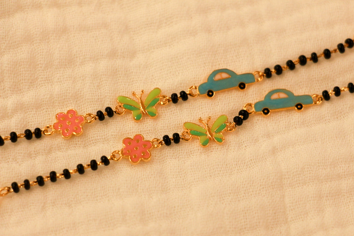 Playful Enamel Nazariya Bracelet for Kids - Gold Plated 925 Sterling Silver with Butterfly, Car & Flower Charms