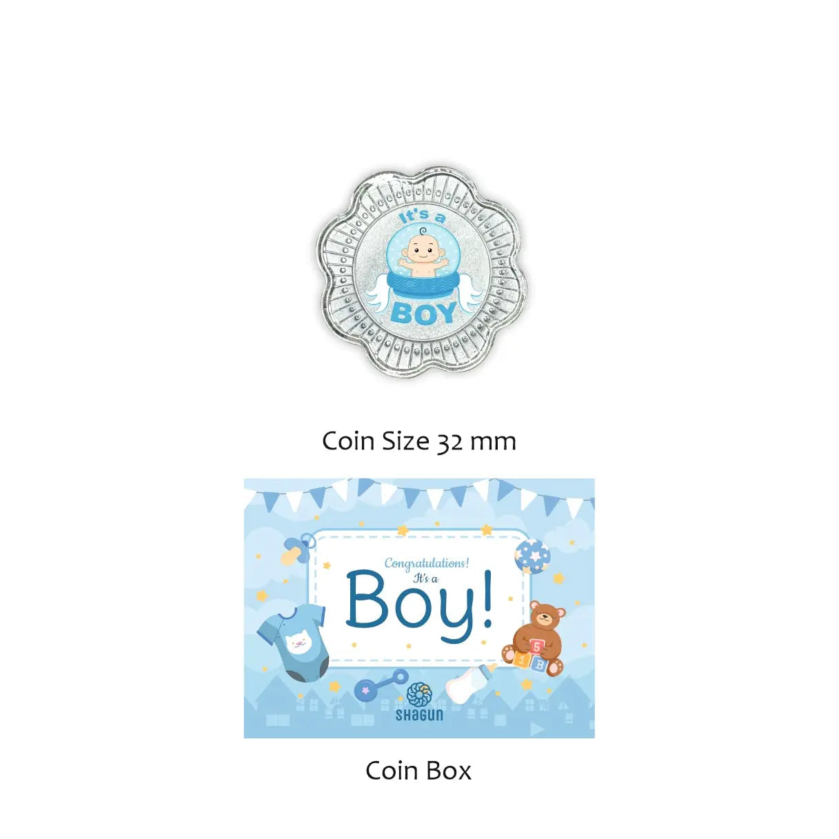Shagun Coins baby boy coin and matching coin box set. The top item is a silver scalloped coin featuring a cartoon baby in a blue snow globe with the text 'it's a BOY'.