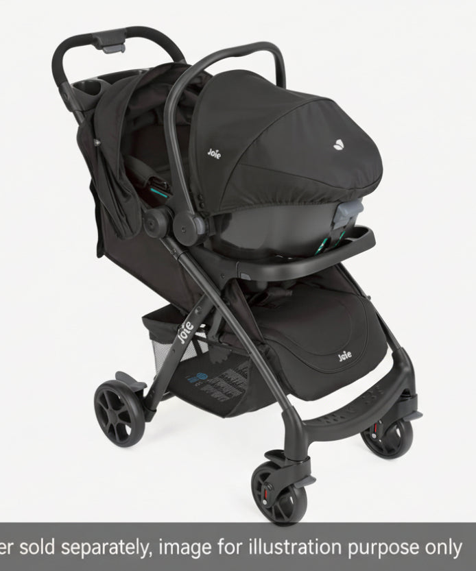 Black stroller with canopy on a white background