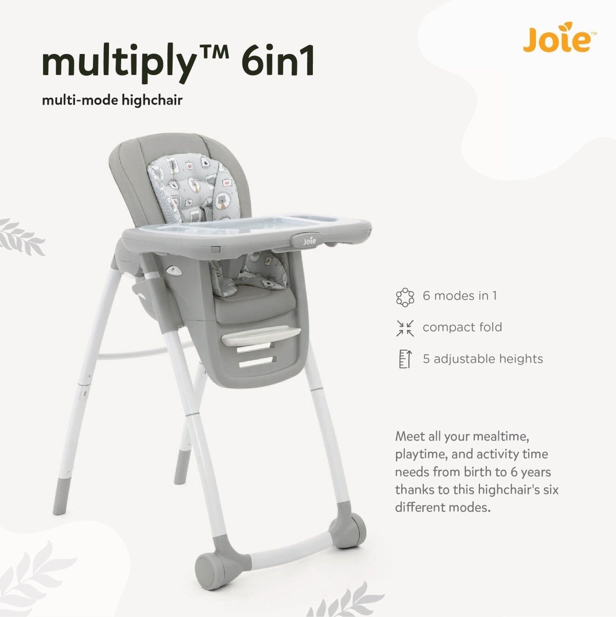Joie Multiply 6in1 Convertible Baby High Chair – Adjustable Heights & Recline | Booster to Play Table | For 6M to 6Y (Up to 27Kg) – Portrait Grey