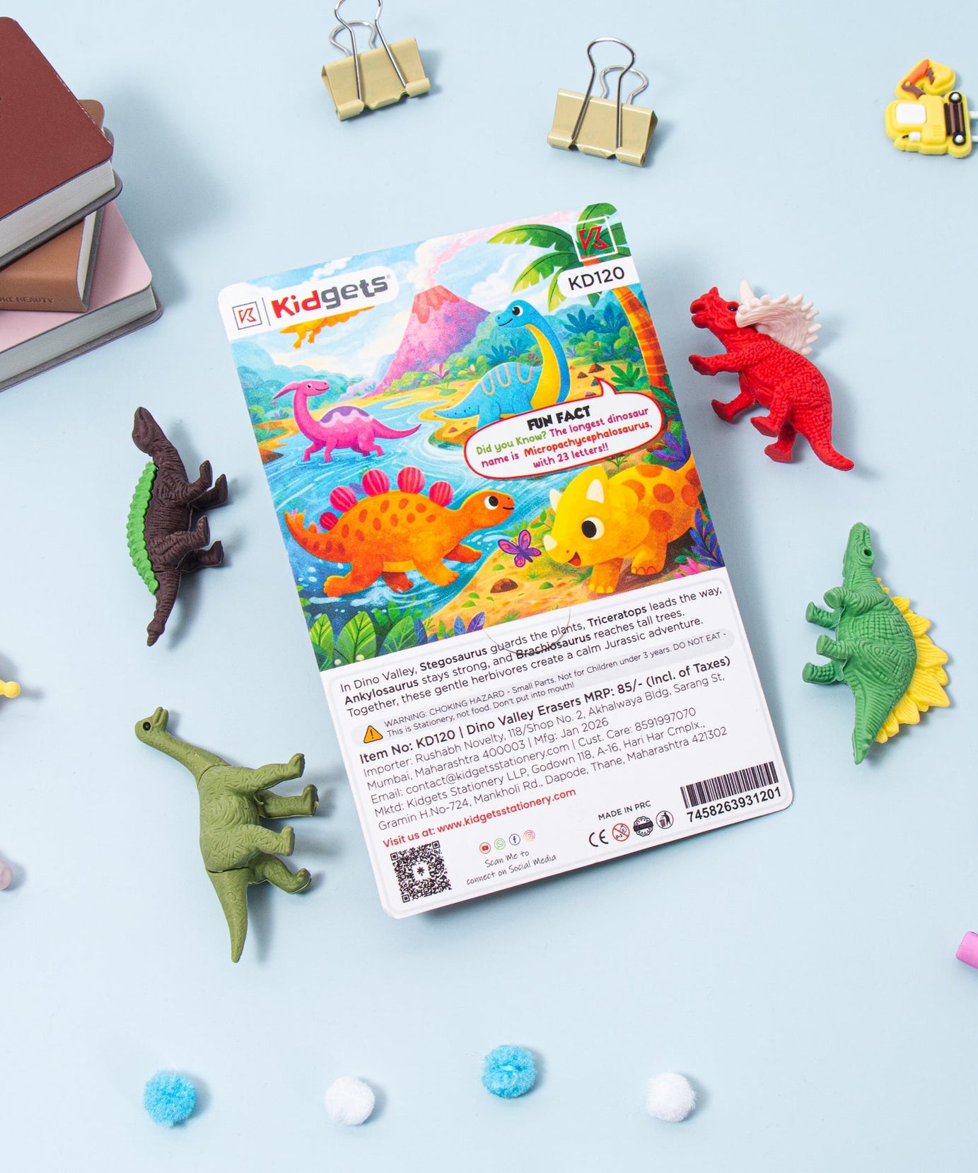 Kidgets KD120 Dino Valley 3D Eraser Set | 4-Piece Detailed Dinosaur Stationery Kit | Fun Collectible Puzzle Erasers for Kids